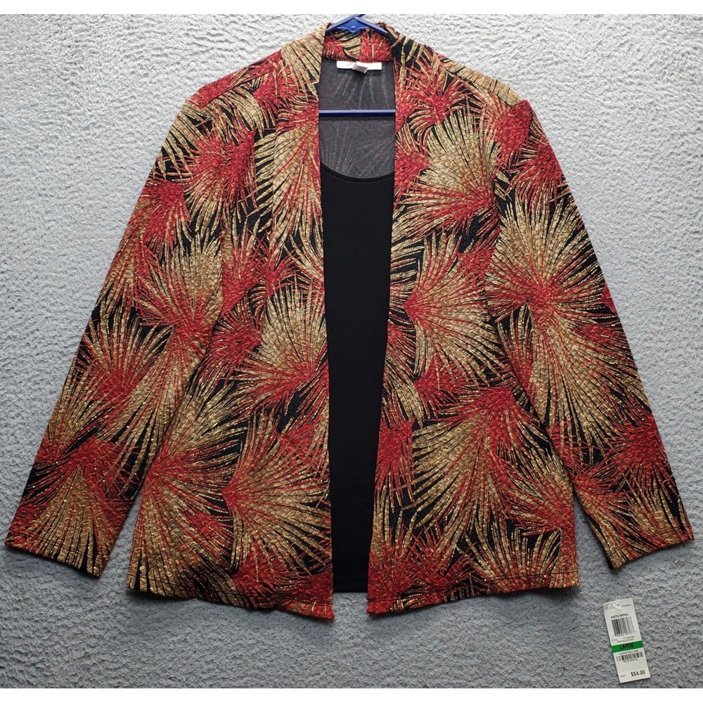 JM Collection Jacket Womens L Multi Palm Leaf Print Acetate Stretch Open-Front